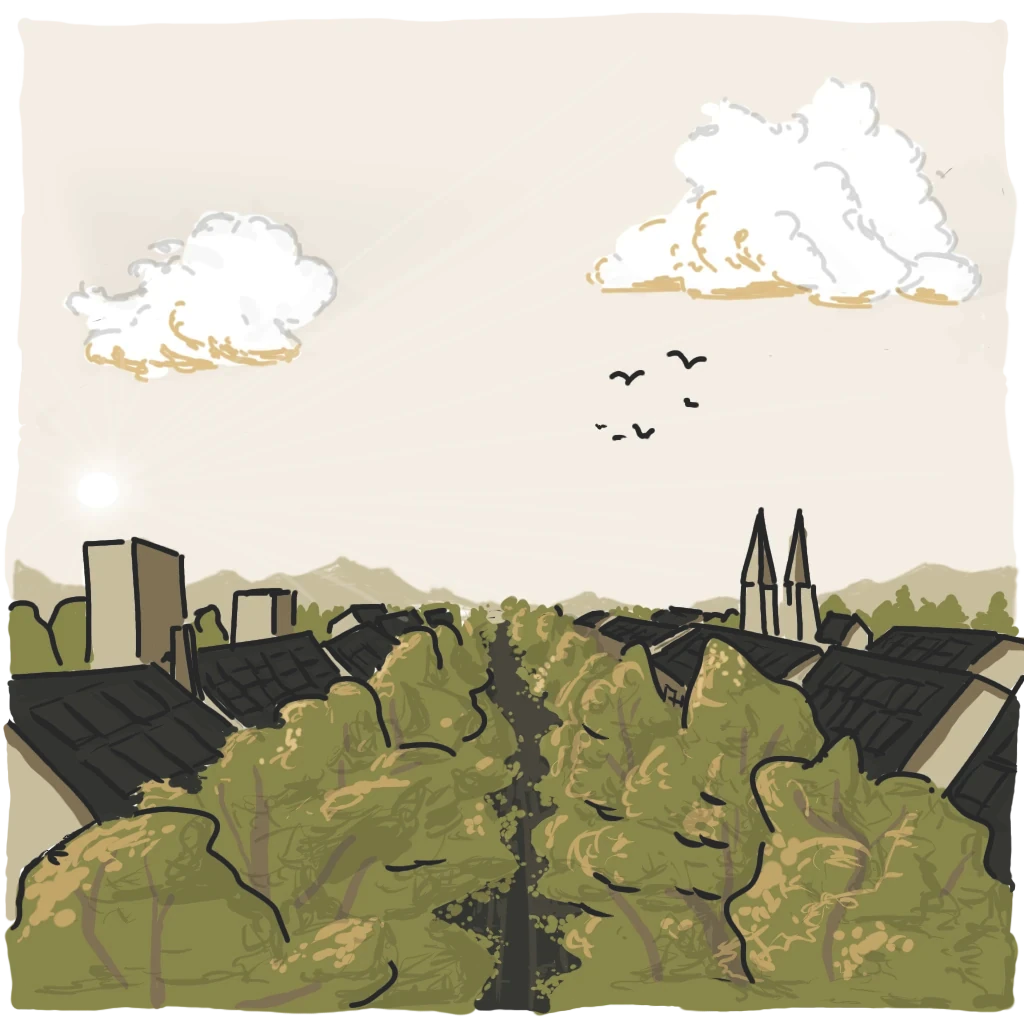 Dessin Canopée au-dessus de rue Solarpunk